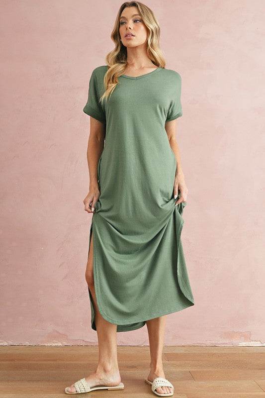 V Neck Hidden Pocket Splits Maxi T-shirt Dress - Shop Style & More | Fresh Looks, Everyday Deals & Free Shipping