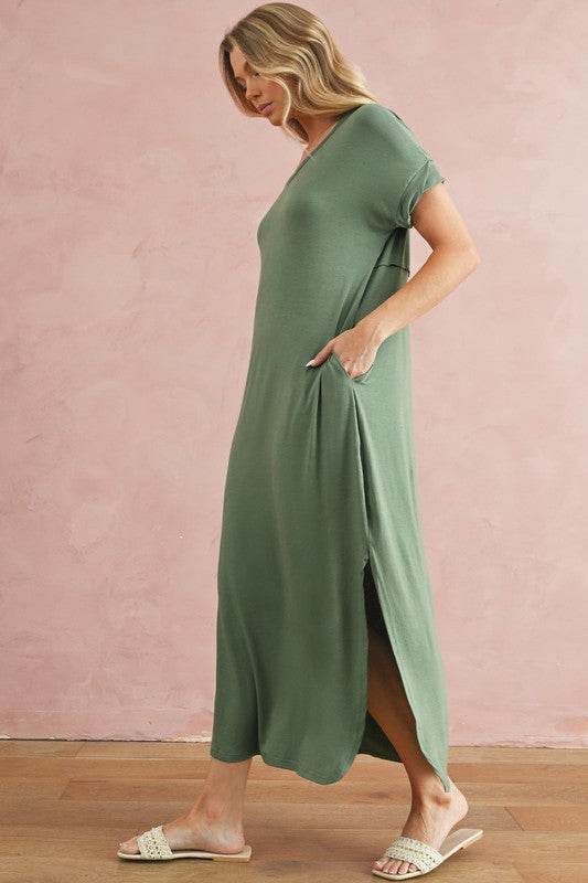 V Neck Hidden Pocket Splits Maxi T-shirt Dress - Shop Style & More | Fresh Looks, Everyday Deals & Free Shipping