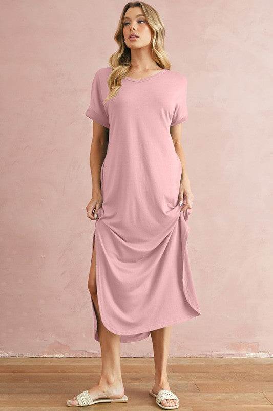 V Neck Hidden Pocket Splits Maxi T-shirt Dress - Shop Style & More | Fresh Looks, Everyday Deals & Free Shipping