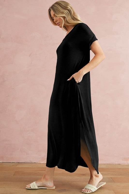 V Neck Hidden Pocket Splits Maxi T-shirt Dress - Shop Style & More | Fresh Looks, Everyday Deals & Free Shipping