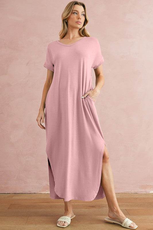 V Neck Hidden Pocket Splits Maxi T-shirt Dress - Shop Style & More | Fresh Looks, Everyday Deals & Free Shipping