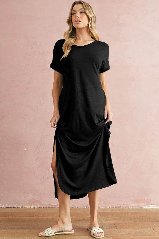 V Neck Hidden Pocket Splits Maxi T-shirt Dress - Shop Style & More | Fresh Looks, Everyday Deals & Free Shipping