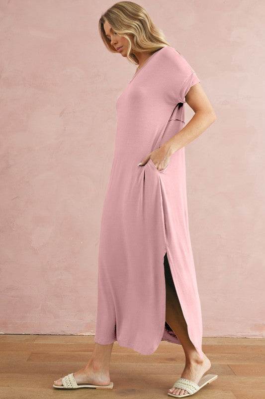 V Neck Hidden Pocket Splits Maxi T-shirt Dress - Shop Style & More | Fresh Looks, Everyday Deals & Free Shipping