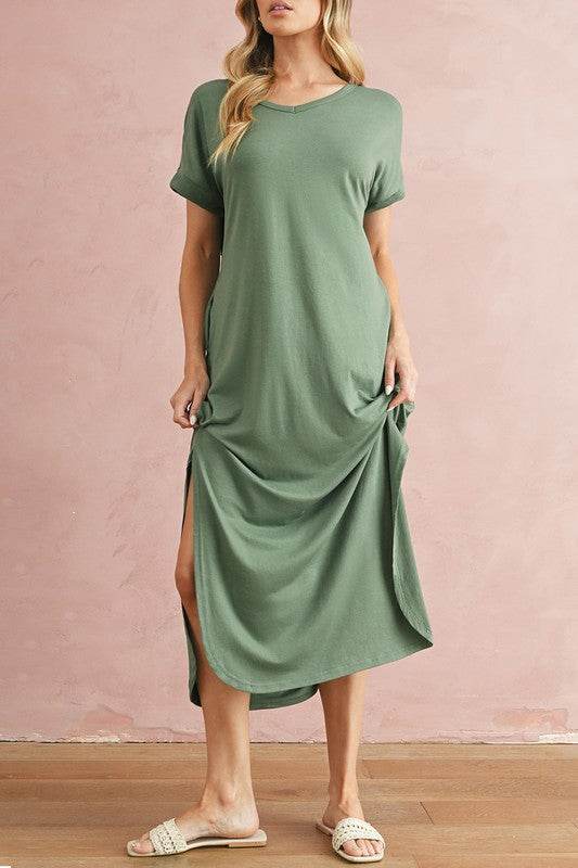 V Neck Hidden Pocket Splits Maxi T-shirt Dress - Shop Style & More | Fresh Looks, Everyday Deals & Free Shipping
