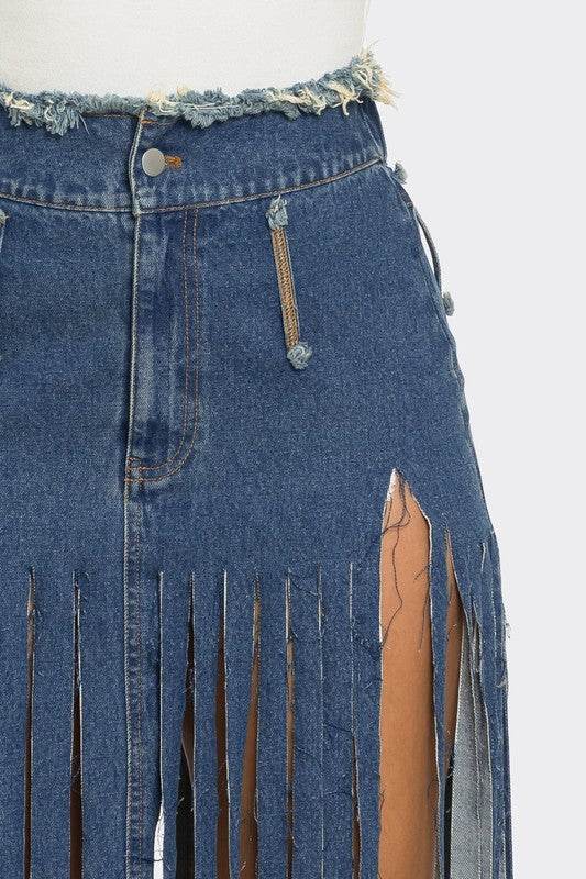 Bohemian Rhapsody Fringe Denim Skirt - Shop Style & More | Fresh Looks, Everyday Deals & Free Shipping