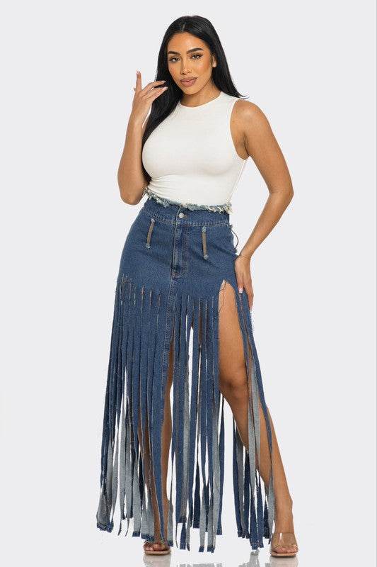Bohemian Rhapsody Fringe Denim Skirt - Shop Style & More | Fresh Looks, Everyday Deals & Free Shipping