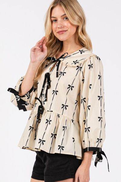 SAGE + FIG Bow Print Tie Front Babydoll Blouse - Shop Style & More | Fresh Looks, Everyday Deals & Free Shipping
