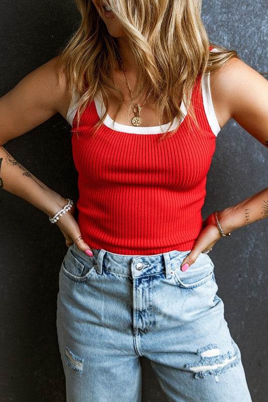 Colorblock Edge Ribbed Knit U Neck Tank Top - Shop Style & More | Fresh Looks, Everyday Deals & Free Shipping