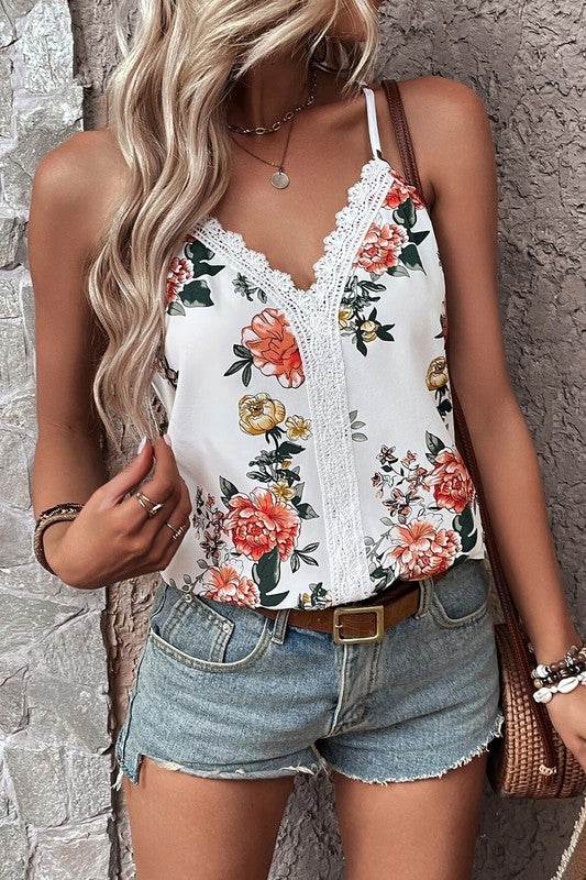 Floral Print Lace V Neck Tank Top - Shop Style & More | Fresh Looks, Everyday Deals & Free Shipping