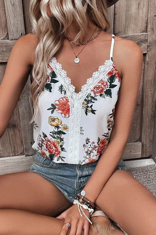 Floral Print Lace V Neck Tank Top - Shop Style & More | Fresh Looks, Everyday Deals & Free Shipping