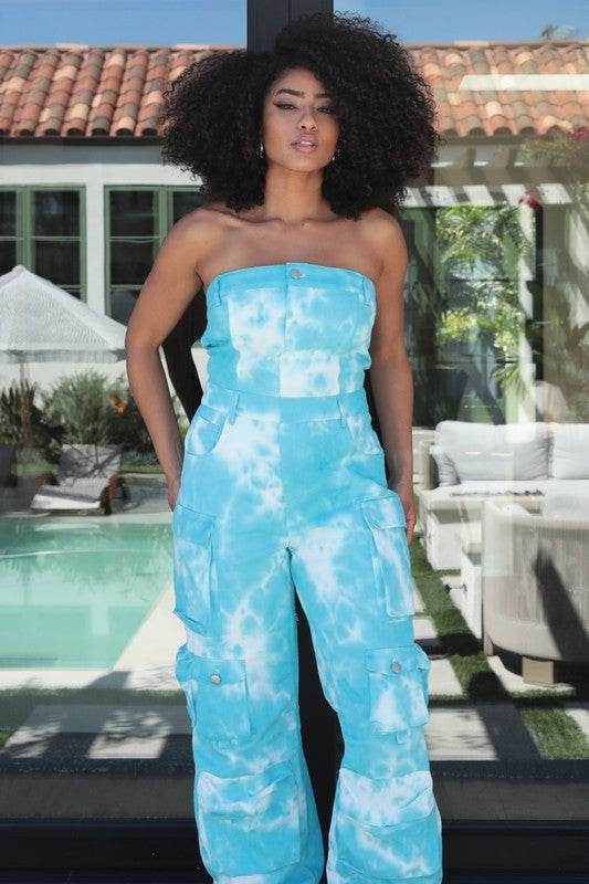 Blue Tie Dye Strapless Utility Jumpsuit. - Shop Style & More | Fresh Looks, Everyday Deals & Free Shipping