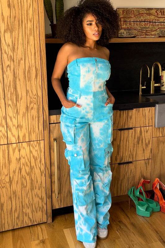 Blue Tie Dye Strapless Utility Jumpsuit. - Shop Style & More | Fresh Looks, Everyday Deals & Free Shipping