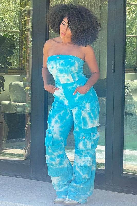 Blue Tie Dye Strapless Utility Jumpsuit. - Shop Style & More | Fresh Looks, Everyday Deals & Free Shipping