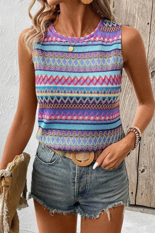 Ethnic Wavy Pattern Round Neck Sleeveless Top - Shop Style & More | Fresh Looks, Everyday Deals & Free Shipping