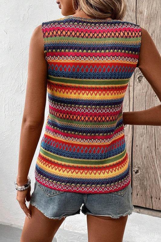 Ethnic Wavy Pattern Round Neck Sleeveless Top - Shop Style & More | Fresh Looks, Everyday Deals & Free Shipping