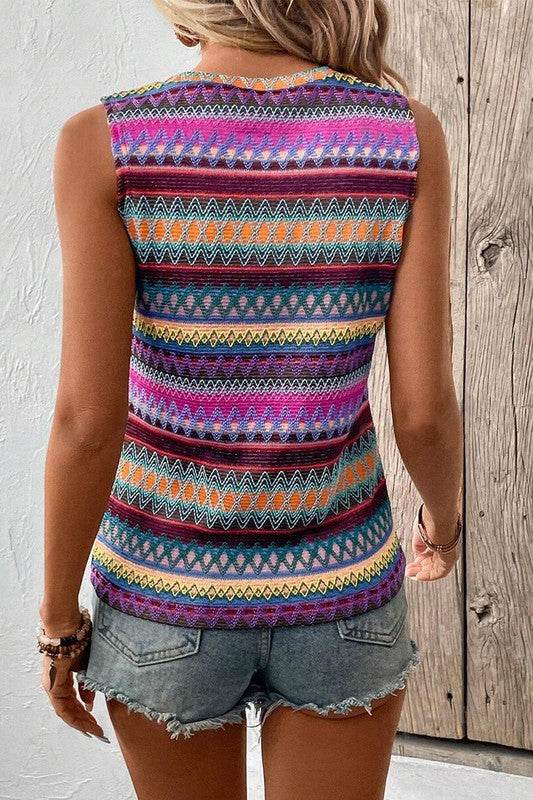 Ethnic Wavy Pattern Round Neck Sleeveless Top - Shop Style & More | Fresh Looks, Everyday Deals & Free Shipping