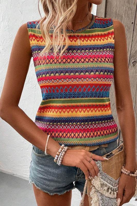 Ethnic Wavy Pattern Round Neck Sleeveless Top - Shop Style & More | Fresh Looks, Everyday Deals & Free Shipping