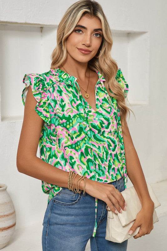 Abstract Ruffled Trim Tied Split Neck Tank Top - Shop Style & More | Fresh Looks, Everyday Deals & Free Shipping
