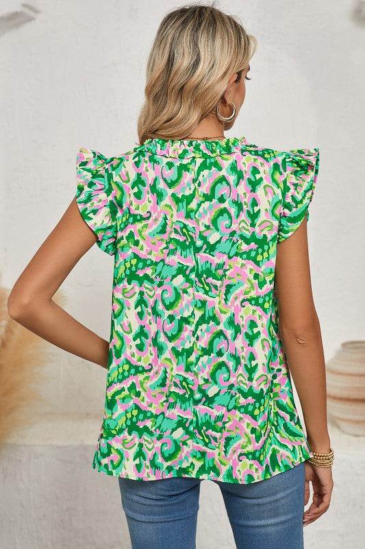 Abstract Ruffled Trim Tied Split Neck Tank Top - Shop Style & More | Fresh Looks, Everyday Deals & Free Shipping