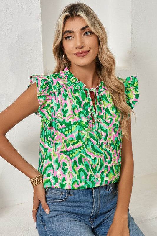 Abstract Ruffled Trim Tied Split Neck Tank Top - Shop Style & More | Fresh Looks, Everyday Deals & Free Shipping