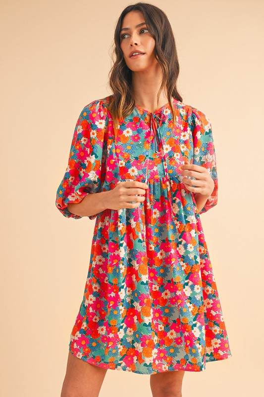 Floral Tie Split Neck Bubble Sleeve Babydoll Dress - Shop Style & More | Fresh Looks, Everyday Deals & Free Shipping