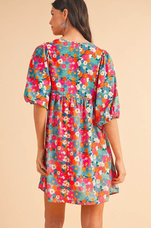 Floral Tie Split Neck Bubble Sleeve Babydoll Dress - Shop Style & More | Fresh Looks, Everyday Deals & Free Shipping