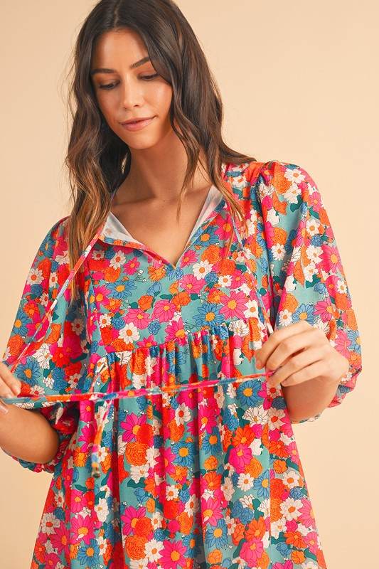 Floral Tie Split Neck Bubble Sleeve Babydoll Dress - Shop Style & More | Fresh Looks, Everyday Deals & Free Shipping