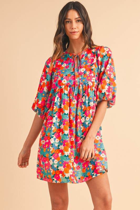 Floral Tie Split Neck Bubble Sleeve Babydoll Dress - Shop Style & More | Fresh Looks, Everyday Deals & Free Shipping
