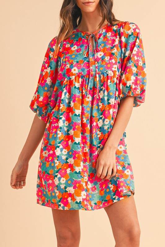 Floral Tie Split Neck Bubble Sleeve Babydoll Dress - Shop Style & More | Fresh Looks, Everyday Deals & Free Shipping