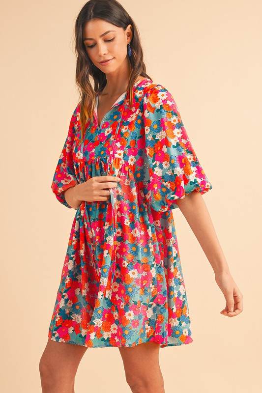 Floral Tie Split Neck Bubble Sleeve Babydoll Dress - Shop Style & More | Fresh Looks, Everyday Deals & Free Shipping