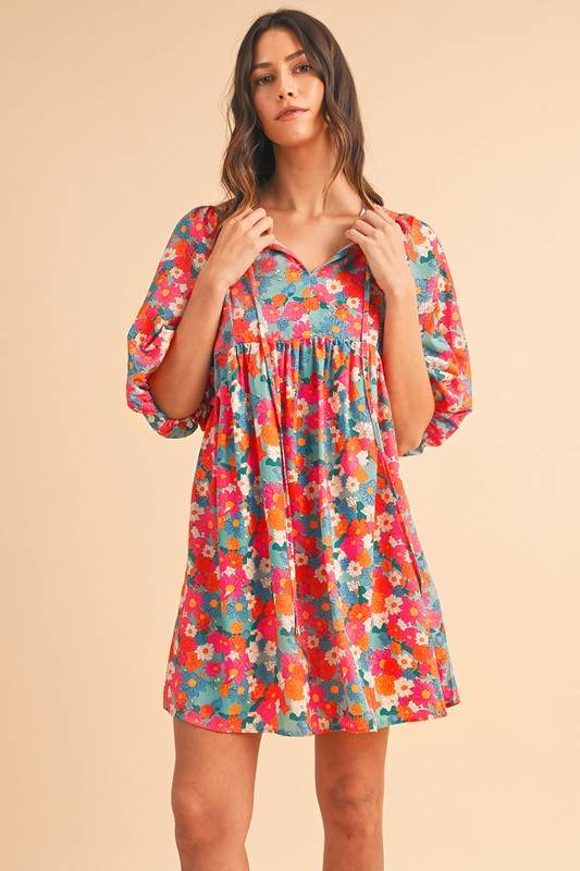 Floral Tie Split Neck Bubble Sleeve Babydoll Dress - Shop Style & More | Fresh Looks, Everyday Deals & Free Shipping