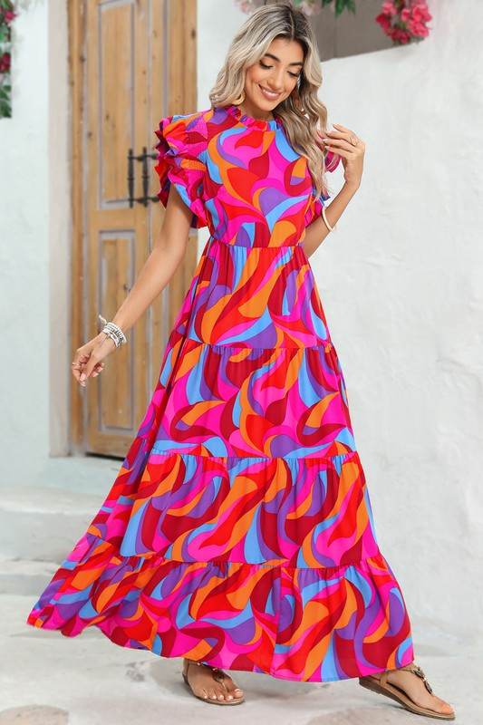 Abstract Print High Waist Ruffle Tiered Maxi Dress - Shop Style & More | Fresh Looks, Everyday Deals & Free Shipping