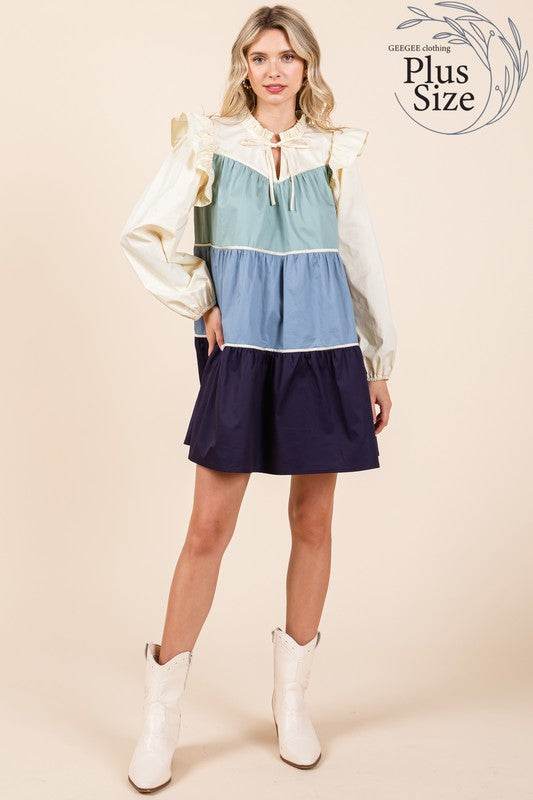 Plus Tiered Color Block Mini Dress - Shop Style & More | Fresh Looks, Everyday Deals & Free Shipping