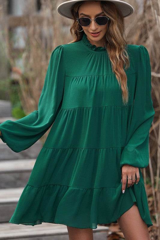 Women Puff Sleeve Mock Neck Back Knot Tiered Dress - Shop Style & More | Fresh Looks, Everyday Deals & Free Shipping