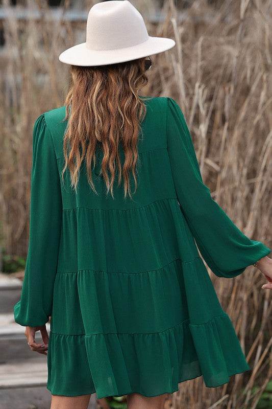 Women Puff Sleeve Mock Neck Back Knot Tiered Dress - Shop Style & More | Fresh Looks, Everyday Deals & Free Shipping