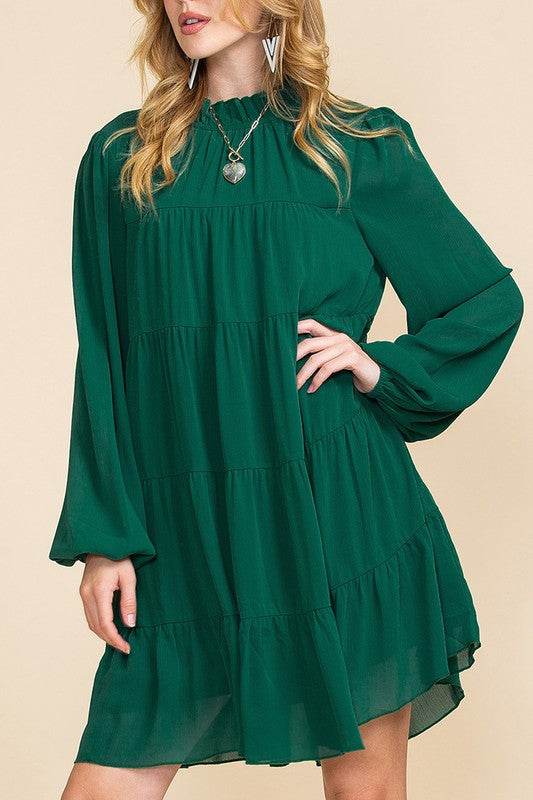 Women Puff Sleeve Mock Neck Back Knot Tiered Dress - Shop Style & More | Fresh Looks, Everyday Deals & Free Shipping