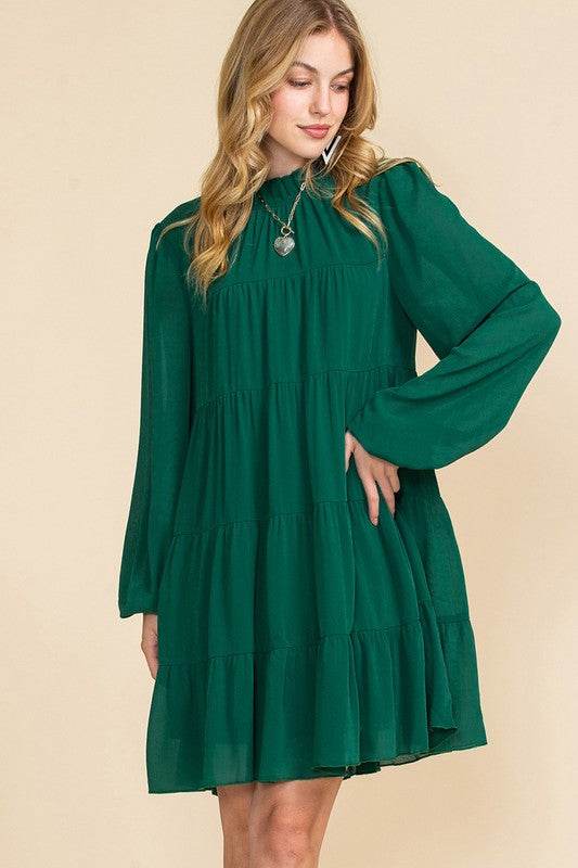 Women Puff Sleeve Mock Neck Back Knot Tiered Dress - Shop Style & More | Fresh Looks, Everyday Deals & Free Shipping
