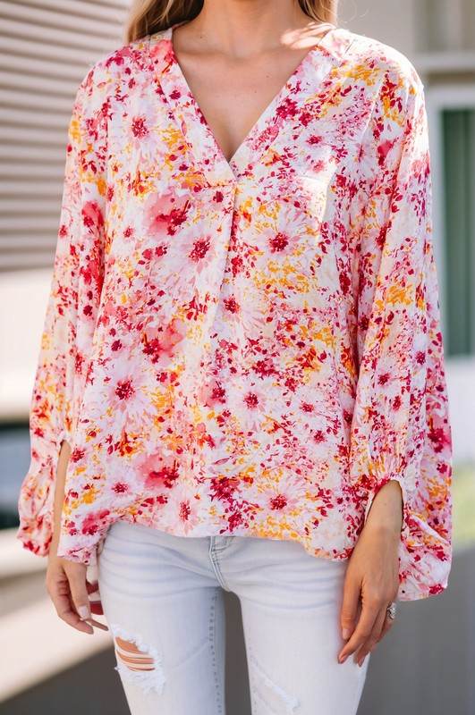 Floral Print V-Neck Lantern Sleeve Blouse - Shop Style & More | Fresh Looks, Everyday Deals & Free Shipping