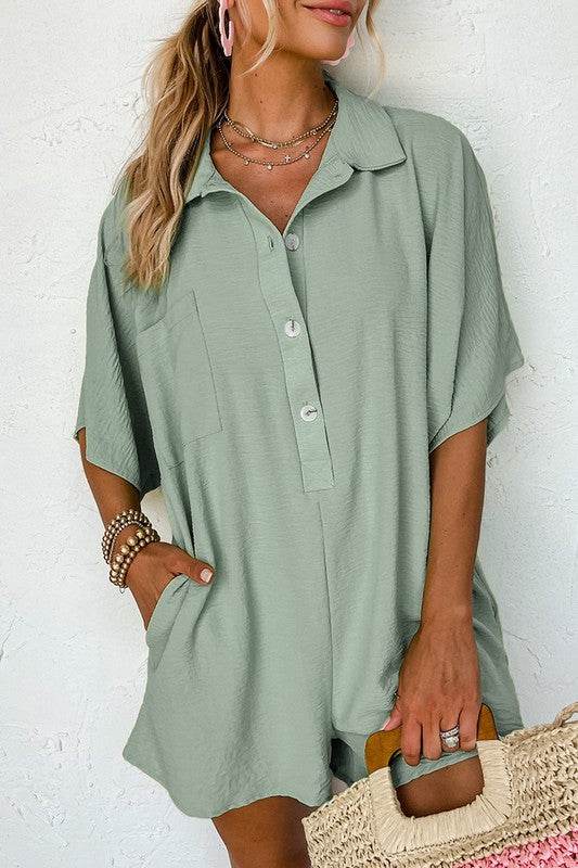 Women Half Button Collared Loose Romper - Shop Style & More | Fresh Looks, Everyday Deals & Free Shipping