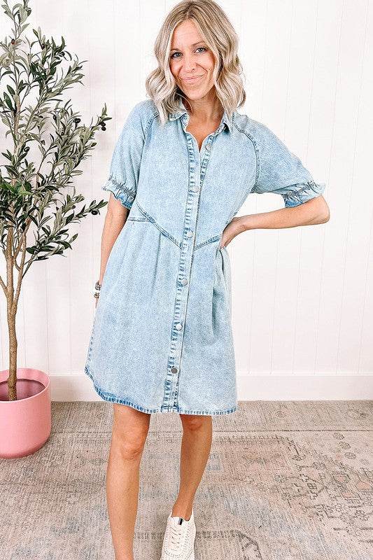 Women Ruffled Short Sleeve Buttoned Denim Dress - Shop Style & More | Fresh Looks, Everyday Deals & Free Shipping
