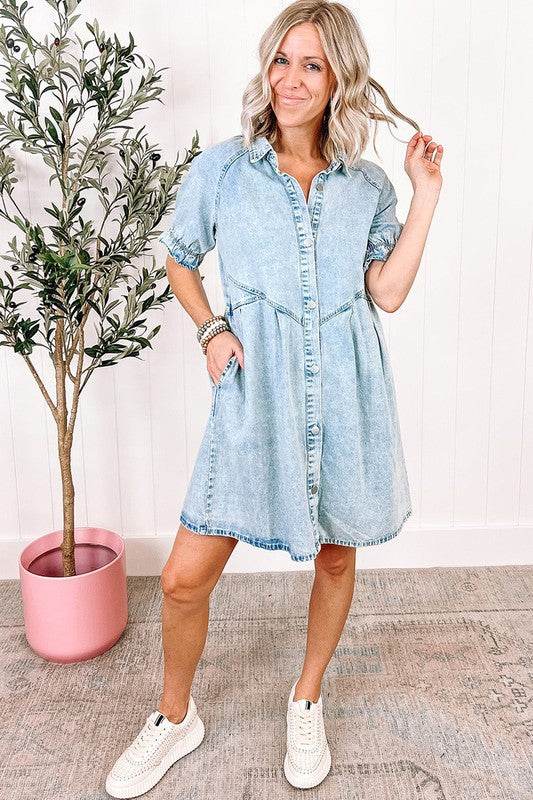 Women Ruffled Short Sleeve Buttoned Denim Dress - Shop Style & More | Fresh Looks, Everyday Deals & Free Shipping