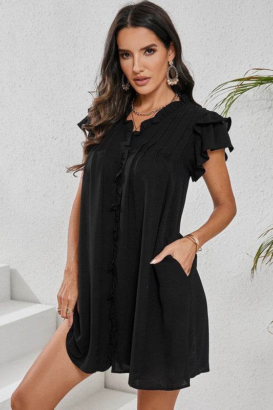 Women Ruffle Sleeve V Neck Frilled Shift Dress - Shop Style & More | Fresh Looks, Everyday Deals & Free Shipping