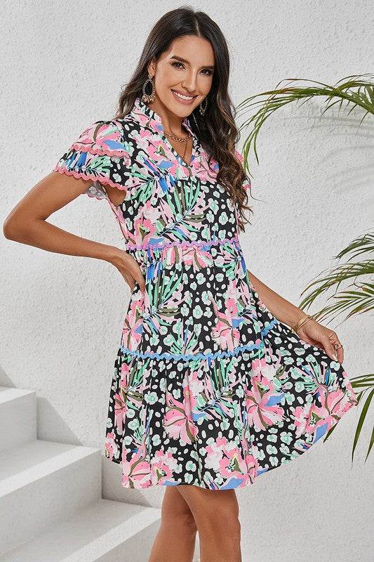 Women Floral Ricrac Embellished Tiered Mini Dress - Shop Style & More | Fresh Looks, Everyday Deals & Free Shipping