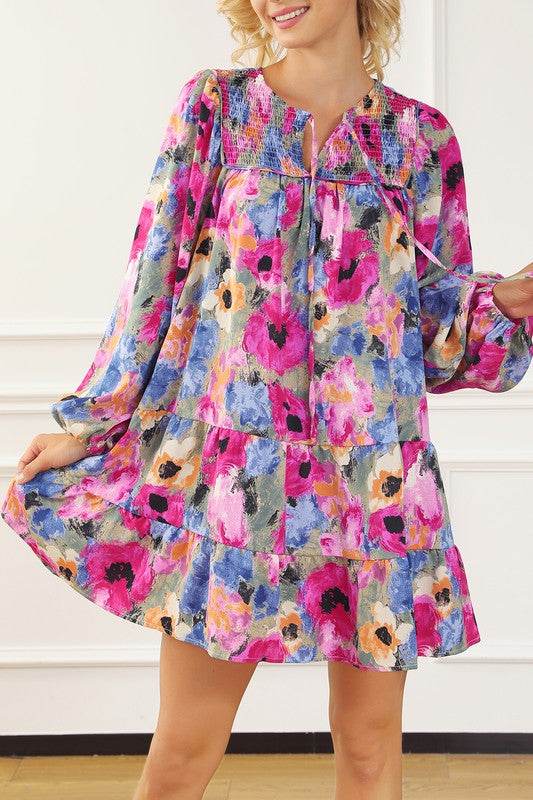 Women Floral Tie Neck Bubble Sleeve Shift Dress - Shop Style & More | Fresh Looks, Everyday Deals & Free Shipping