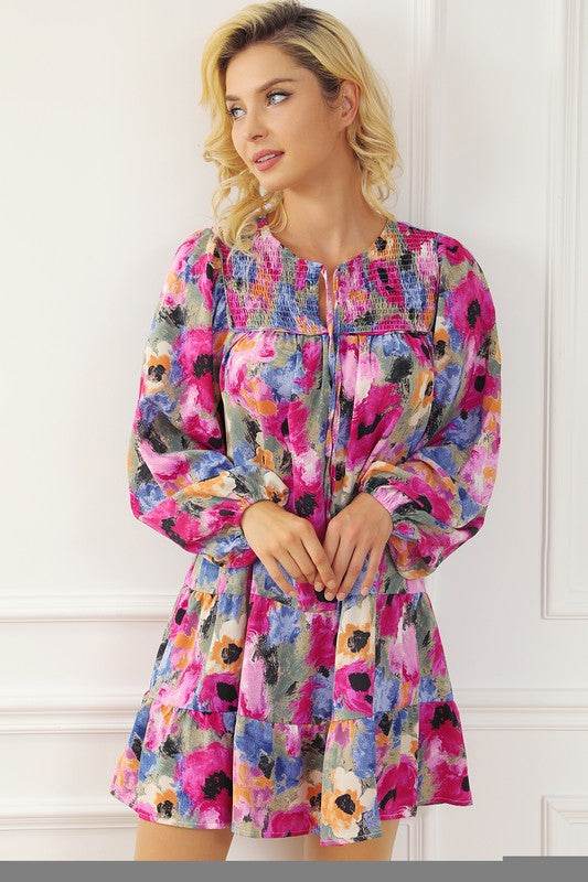 Women Floral Tie Neck Bubble Sleeve Shift Dress - Shop Style & More | Fresh Looks, Everyday Deals & Free Shipping