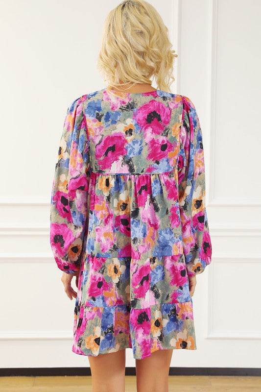 Women Floral Tie Neck Bubble Sleeve Shift Dress - Shop Style & More | Fresh Looks, Everyday Deals & Free Shipping