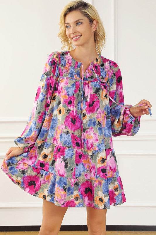 Women Floral Tie Neck Bubble Sleeve Shift Dress - Shop Style & More | Fresh Looks, Everyday Deals & Free Shipping