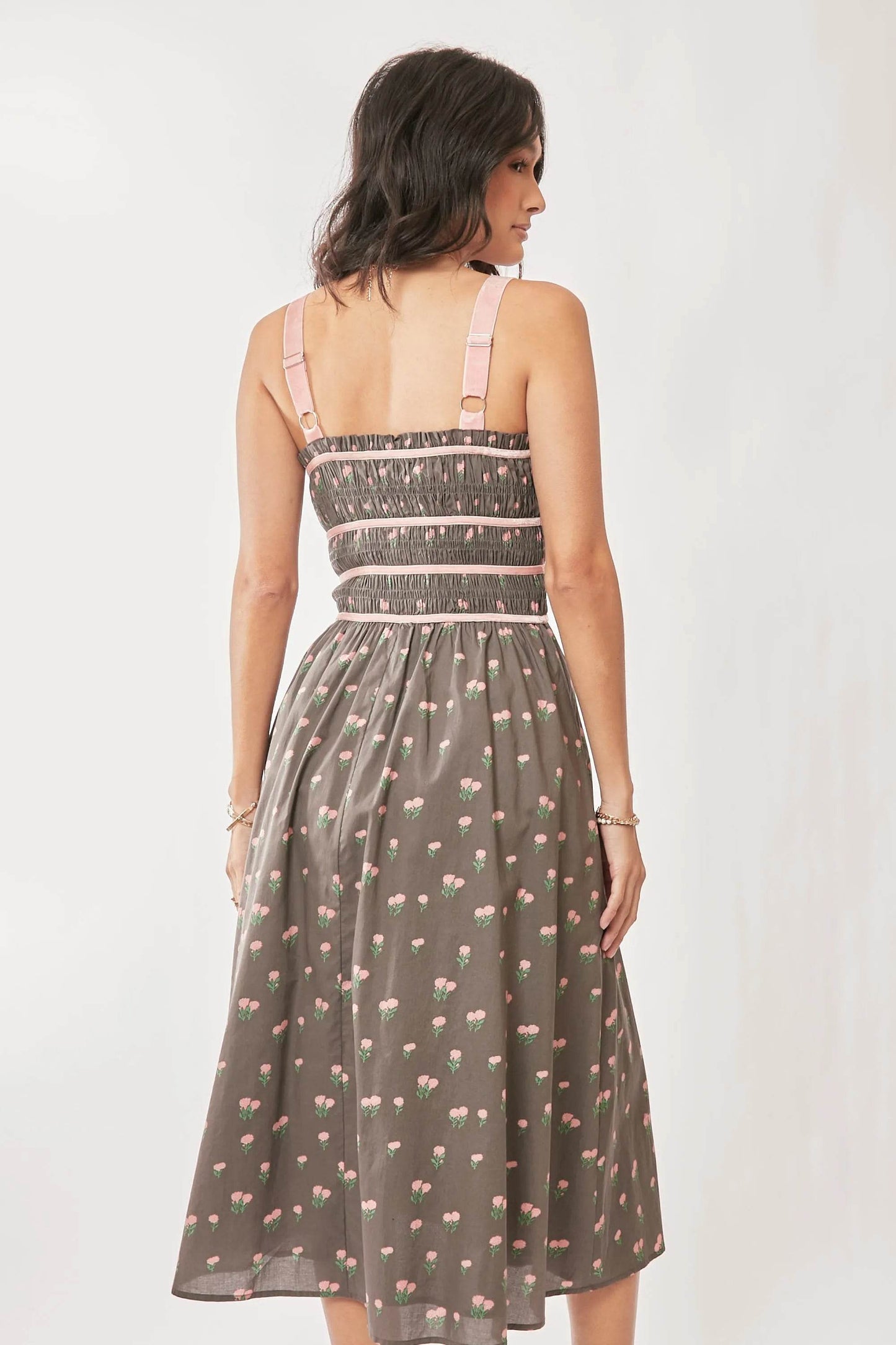 Davi & Dani Contrast Velvet Tape Smocking Bodice Midi Dress - Shop Style & More | Fresh Looks, Everyday Deals & Free Shipping