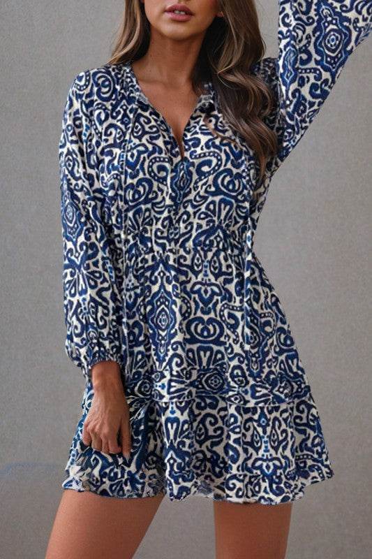 Geometric Ruffled Drawstring V Neck Mini Dress - Shop Style & More | Fresh Looks, Everyday Deals & Free Shipping