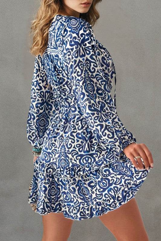 Geometric Ruffled Drawstring V Neck Mini Dress - Shop Style & More | Fresh Looks, Everyday Deals & Free Shipping